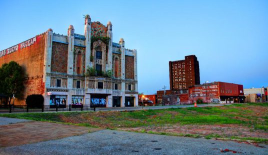 Morning view of abandoned graffiti-laden buildings in the downtown district